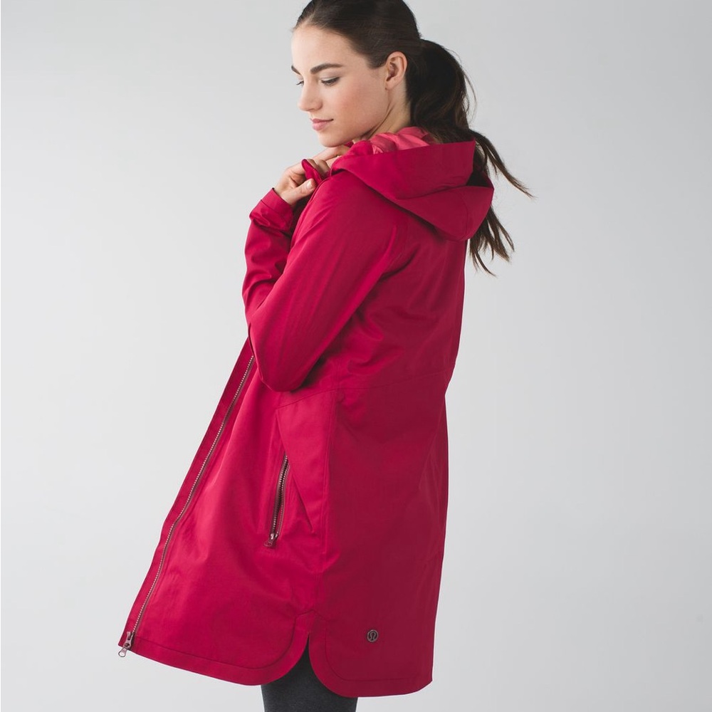 Lululemon Definitely Raining Jacket– Cranberry Red Size 10, ink stains on pocket